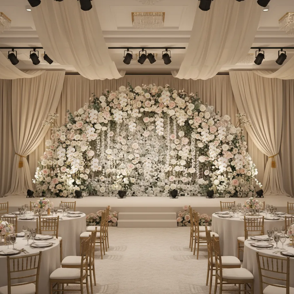 Professionally decorated wedding hall stage with floral backdrop and lighting
