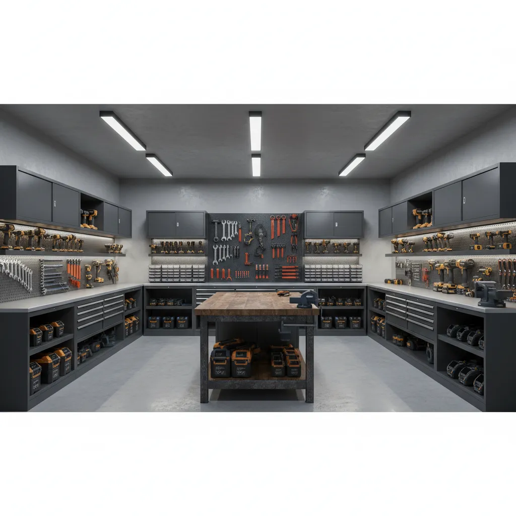 Large professional workshop tool cabinets with multiple power tools and storage drawers