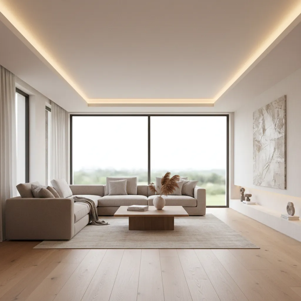living room with perimeter profile LED ceiling lighting