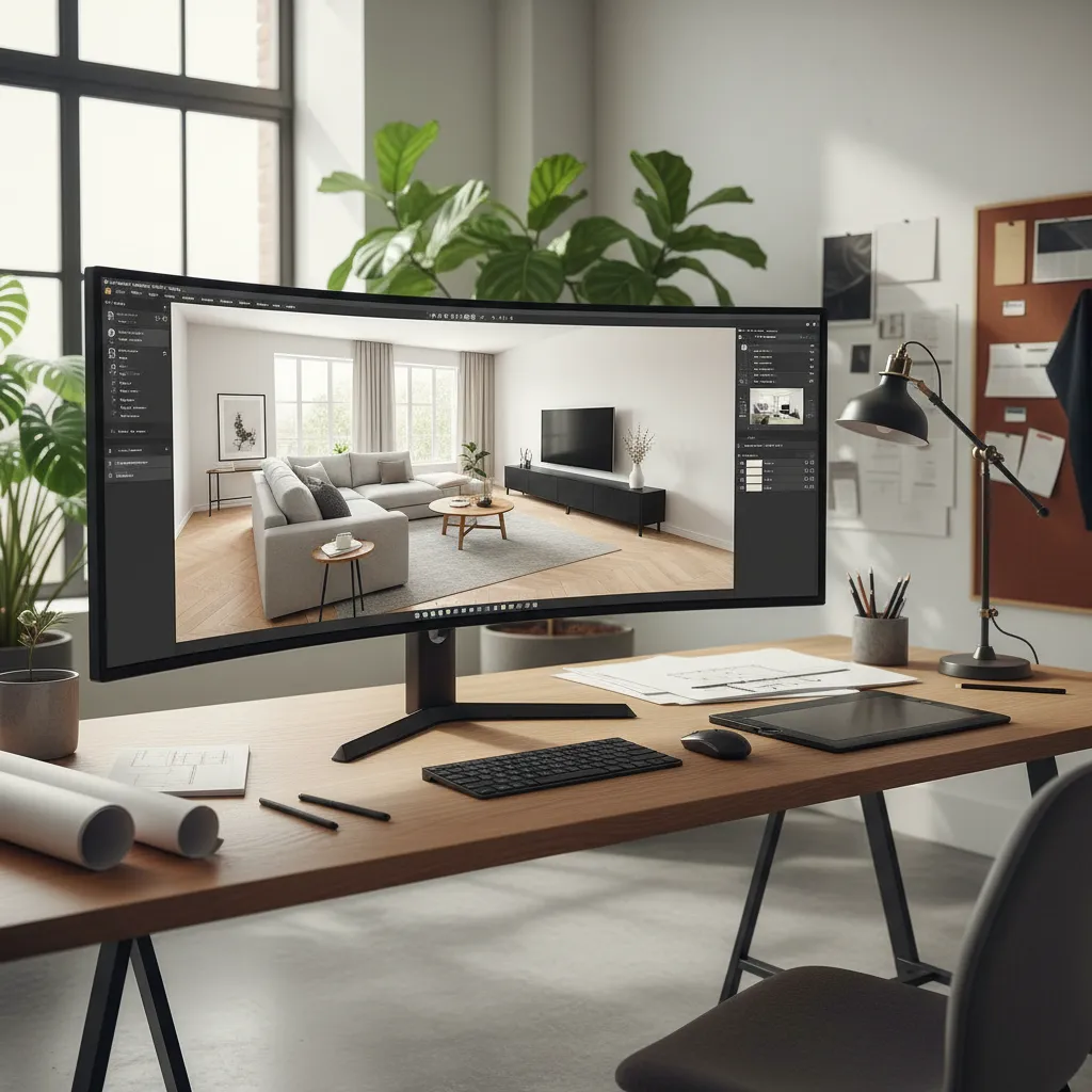 Curved computer monitor on wooden desk displaying interior design software with a living room project
