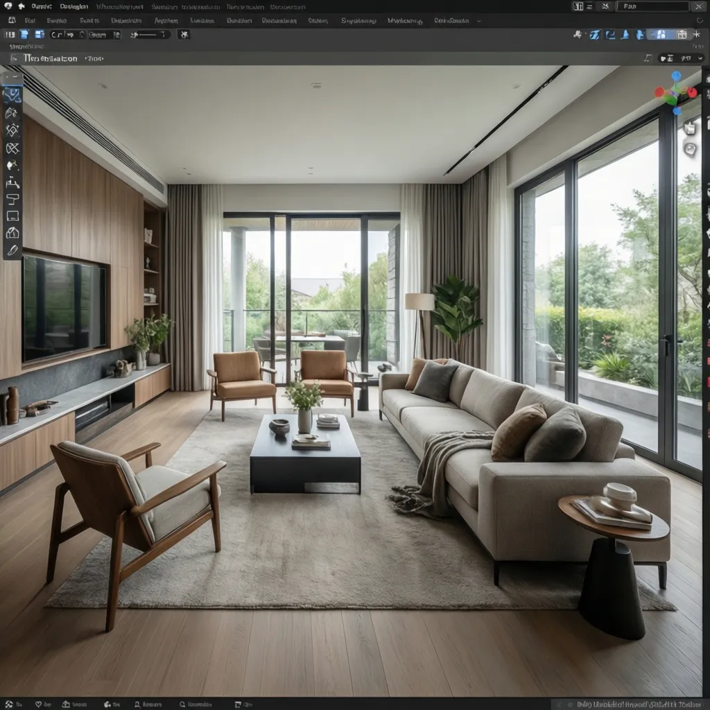 Coohom interior design drawing showing a living room with wooden wall panels, sofa, and doors