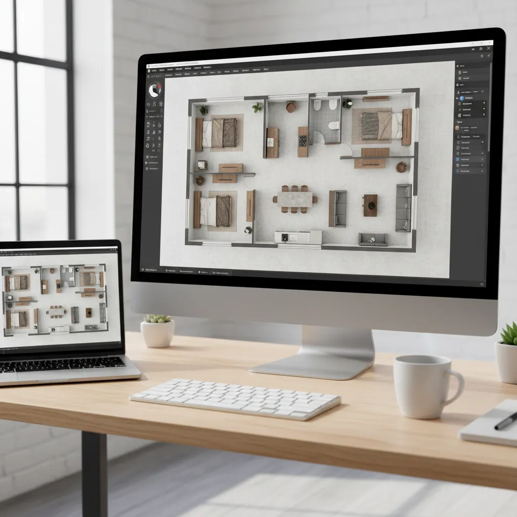 Desktop monitor and laptop on wooden desk displaying a detailed house floor plan in Coohom