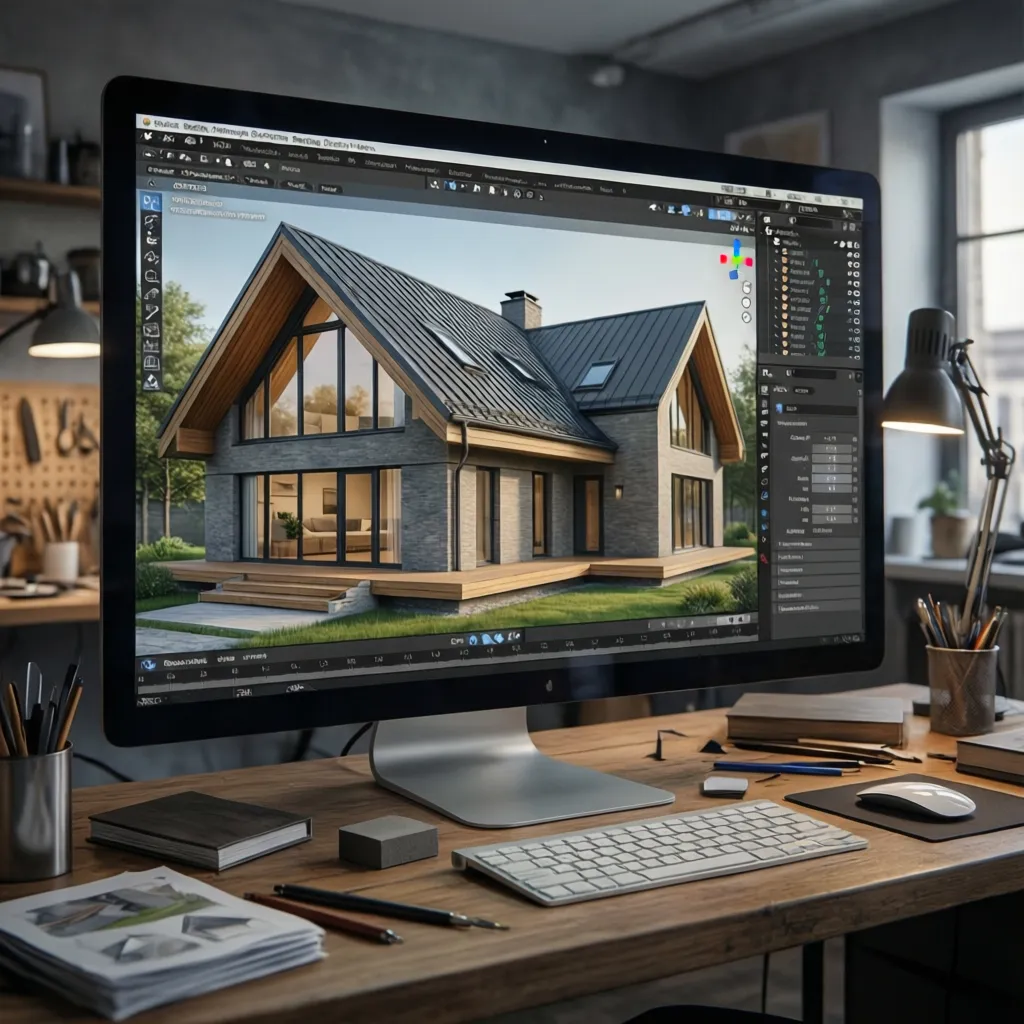 Computer on wooden desk showing modern house interior design drawing with dark roof and windows