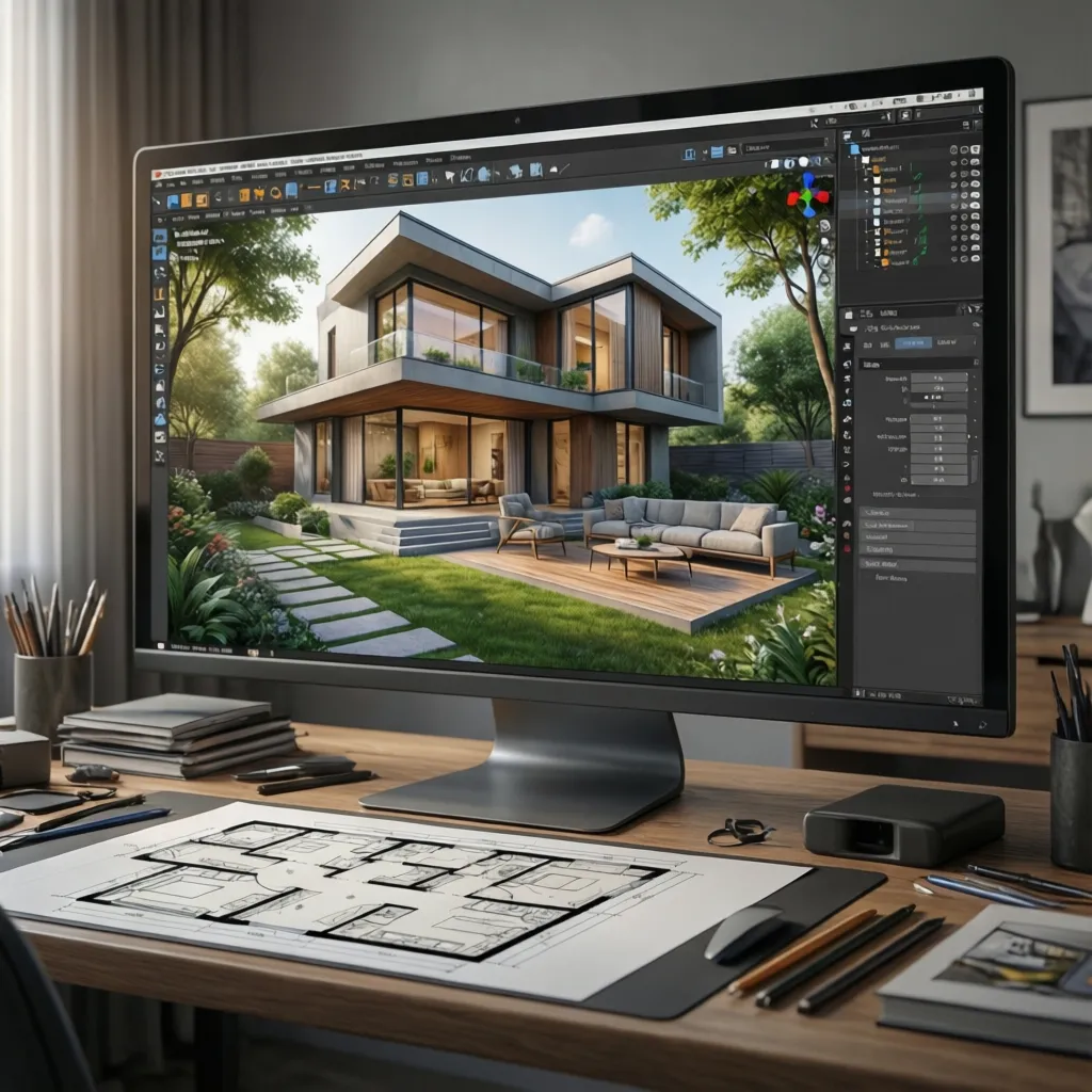 Desktop screen showing 3D house design next to paper floor plan on a wooden desk