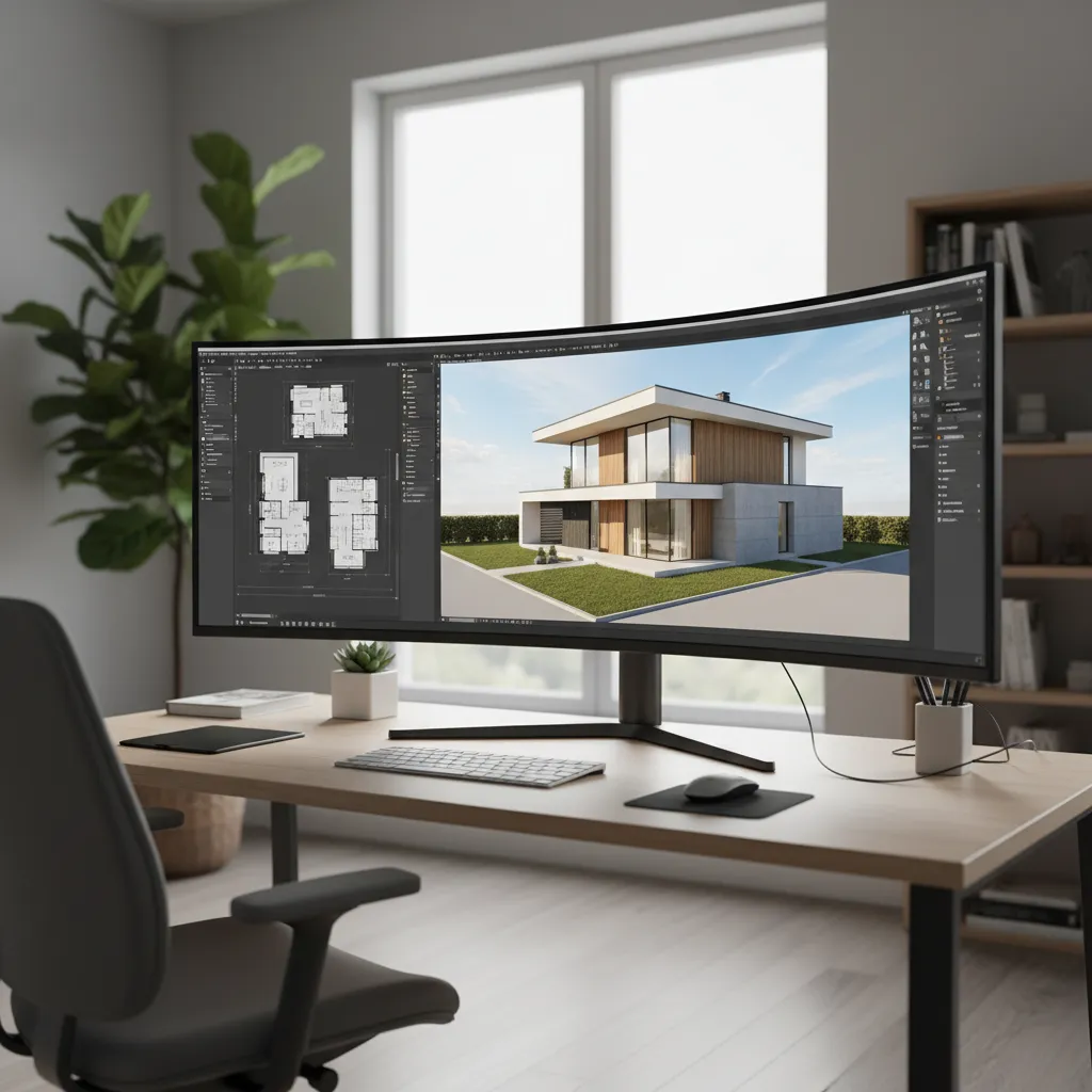 Curved monitor on wooden desk showing house floor plans and modern interior design drawing software view