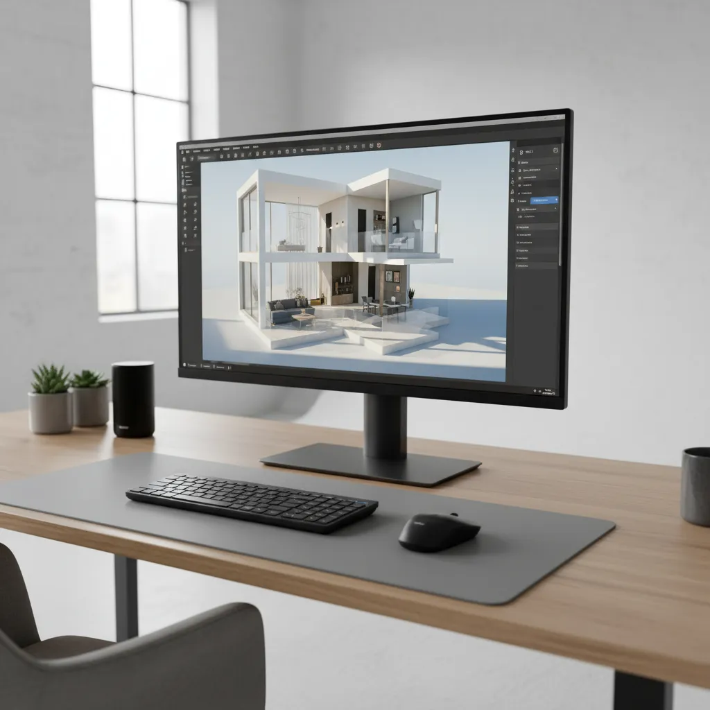 Computer monitor on wooden desk showing 3D interior design drawing of a white modern house