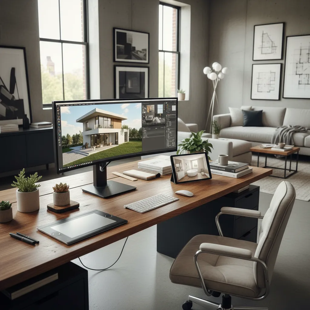 Desk with computer showing house design tablet and chair in a modern home office space