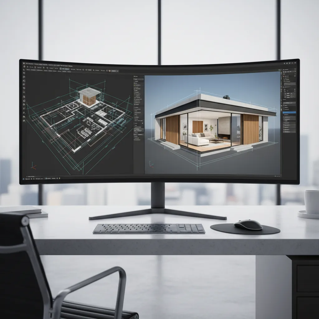 Curved computer monitor showing house interior design drawing and 3D home model on white desk