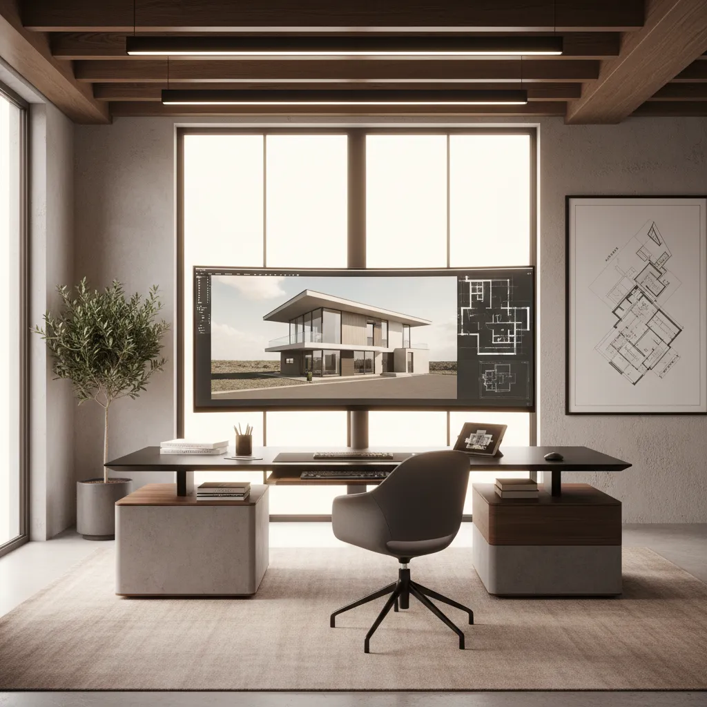 Wide monitor showing house design and floor plan on desk with modern grey office chair