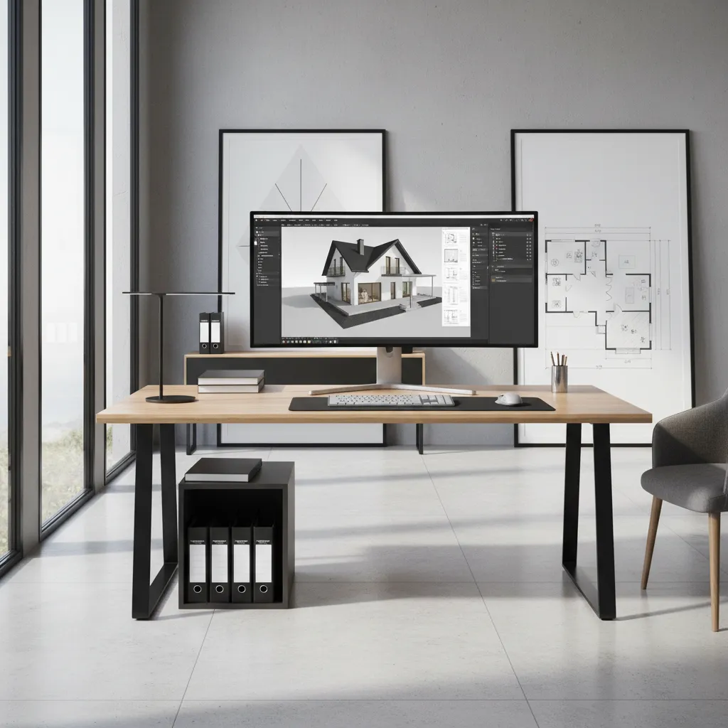 Monitor displaying a house model on a wooden desk with black metal legs in office