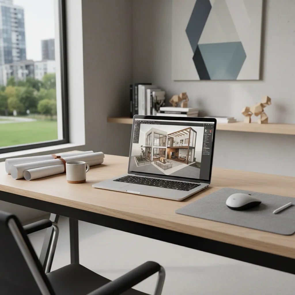 Laptop on wood desk showing 3D house model design with blueprints mug and computer mouse