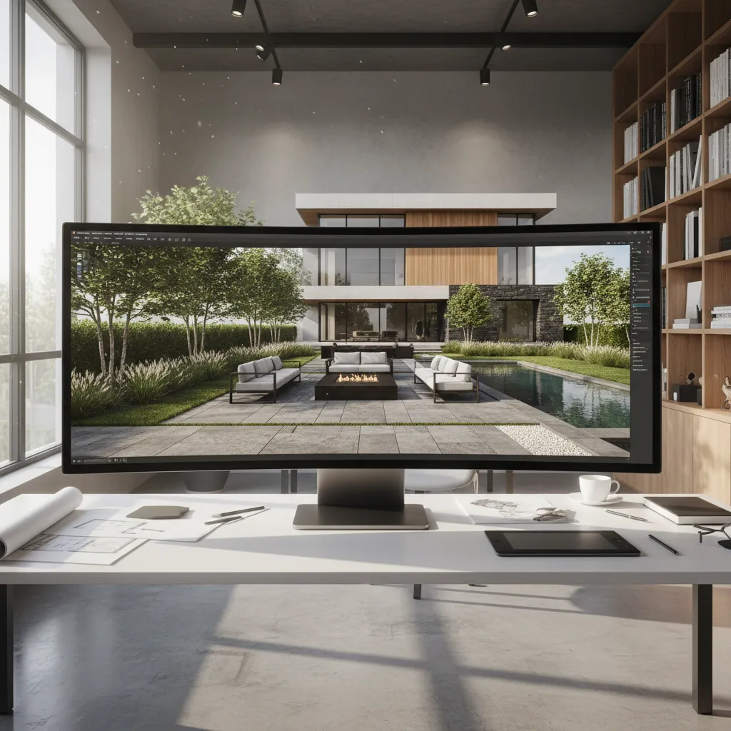 Computer screen displaying a backyard garden design with swimming pool and outdoor seating on desk