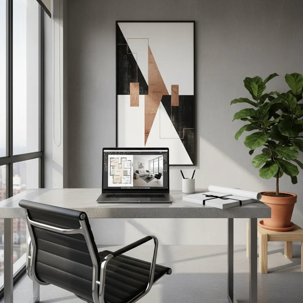 Modern workspace with laptop showing floor plan editor on desk next to plant and art