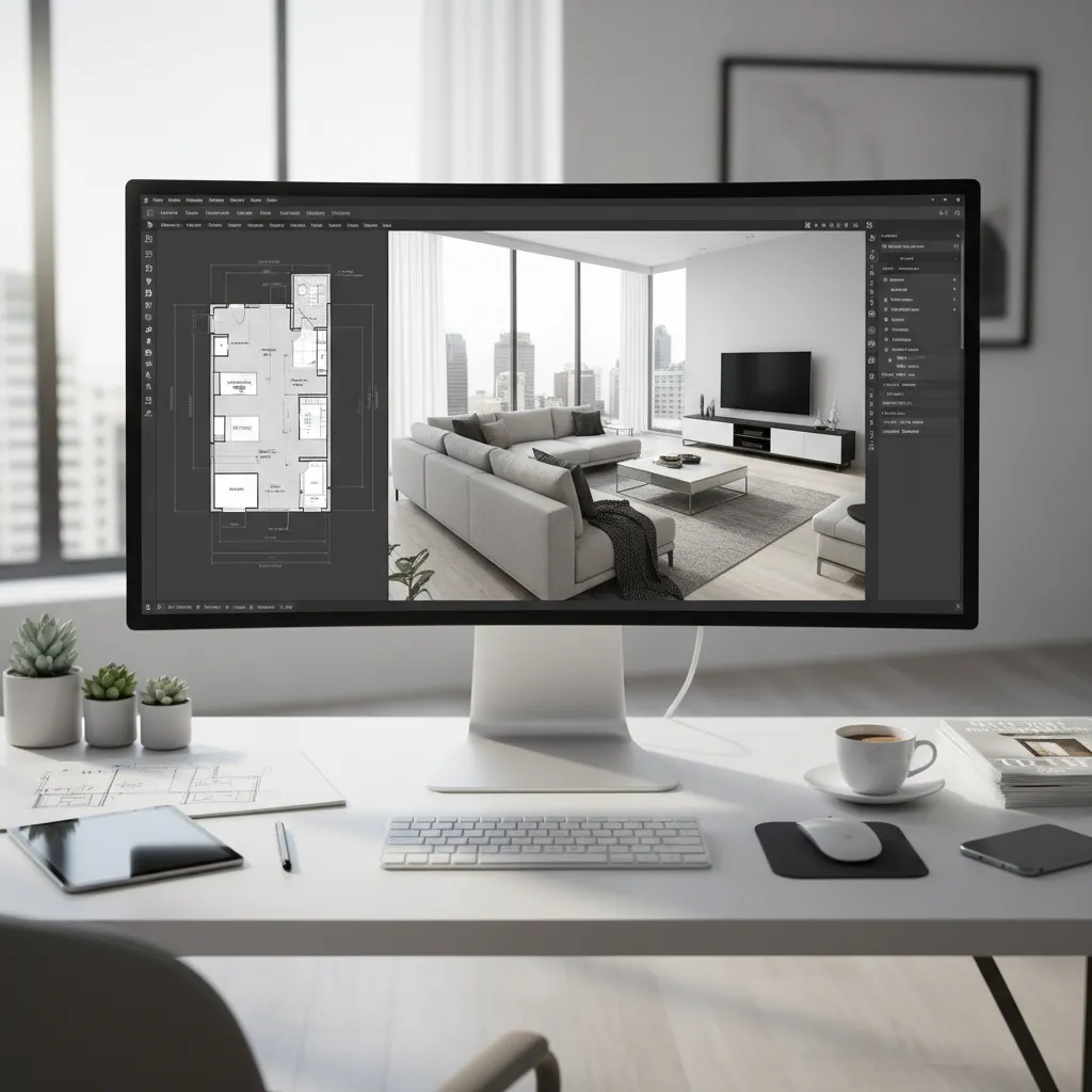 Pantalla de software de diseño interior mostrando plano y vista 3D de una sala