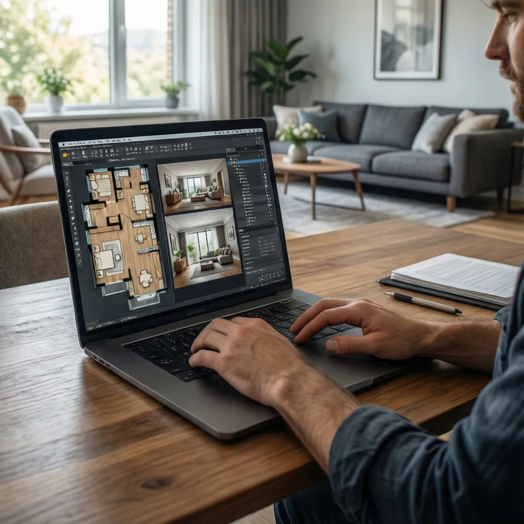 Person using a laptop at a wood desk to create an interior design floor plan
