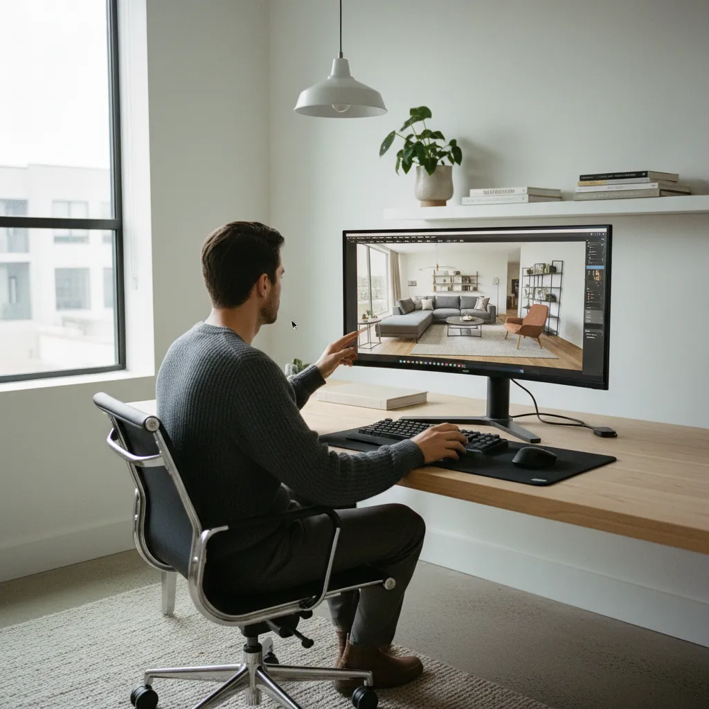 Man sitting at desk using software to create a modern living room interior design view