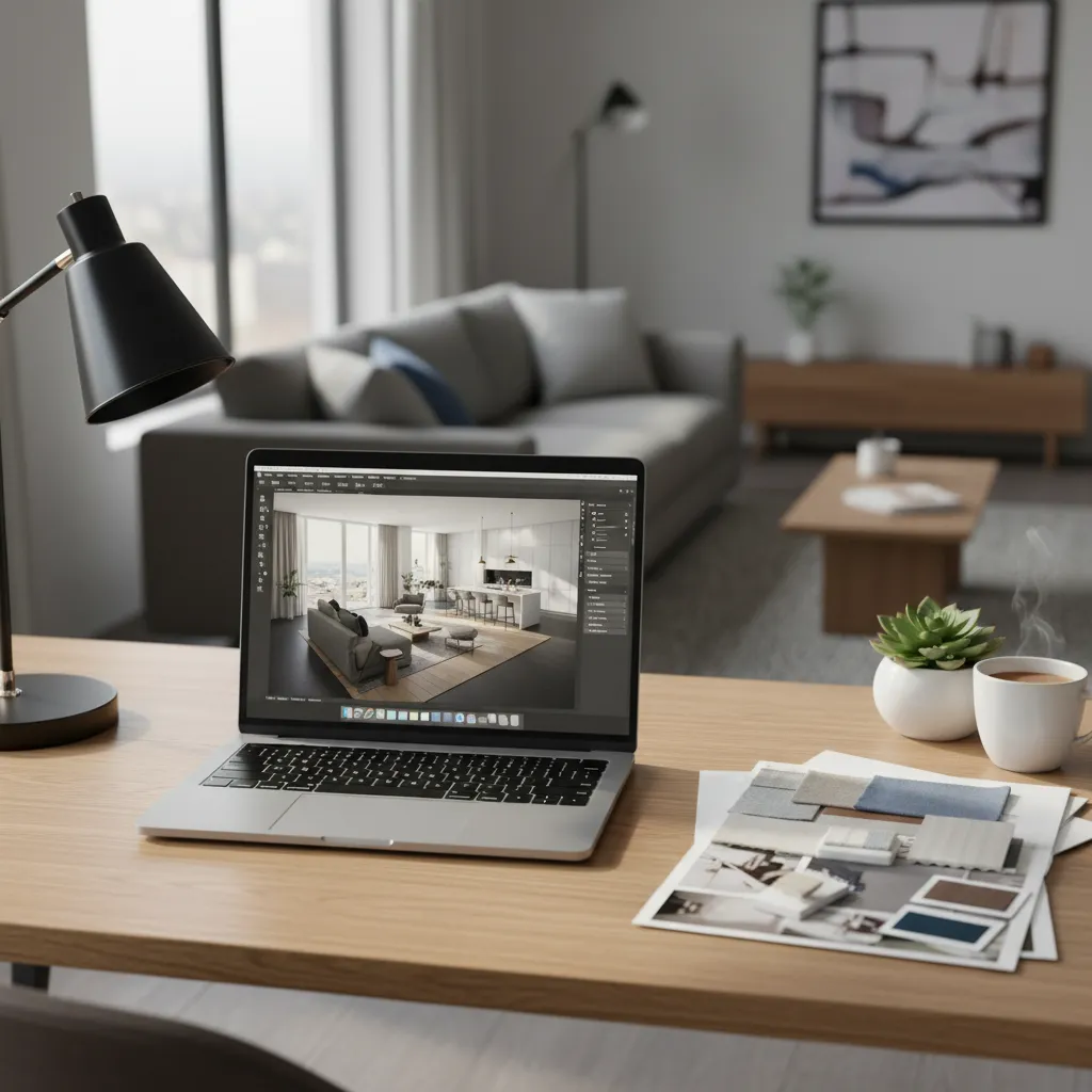 Laptop on wooden desk showing kitchen design drawing with fabric samples lamp and coffee cup