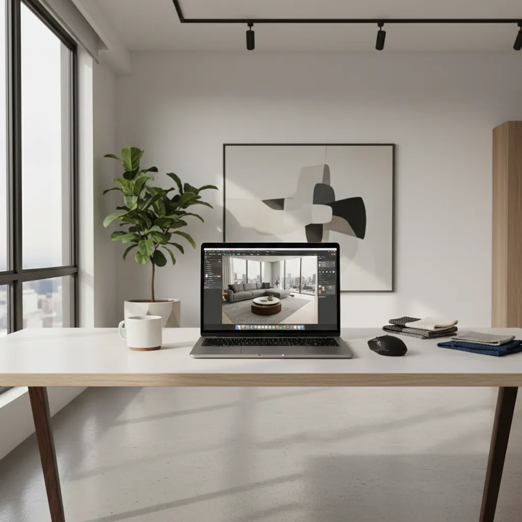 Laptop on white desk showing interior design drawing with green plant and white coffee mug