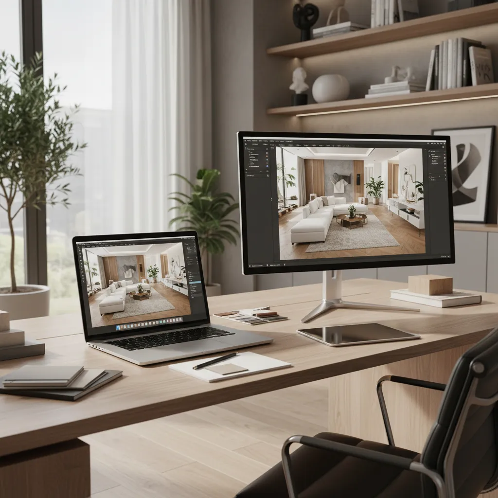Laptop and desktop monitor on a wooden desk showing a bright modern living room design