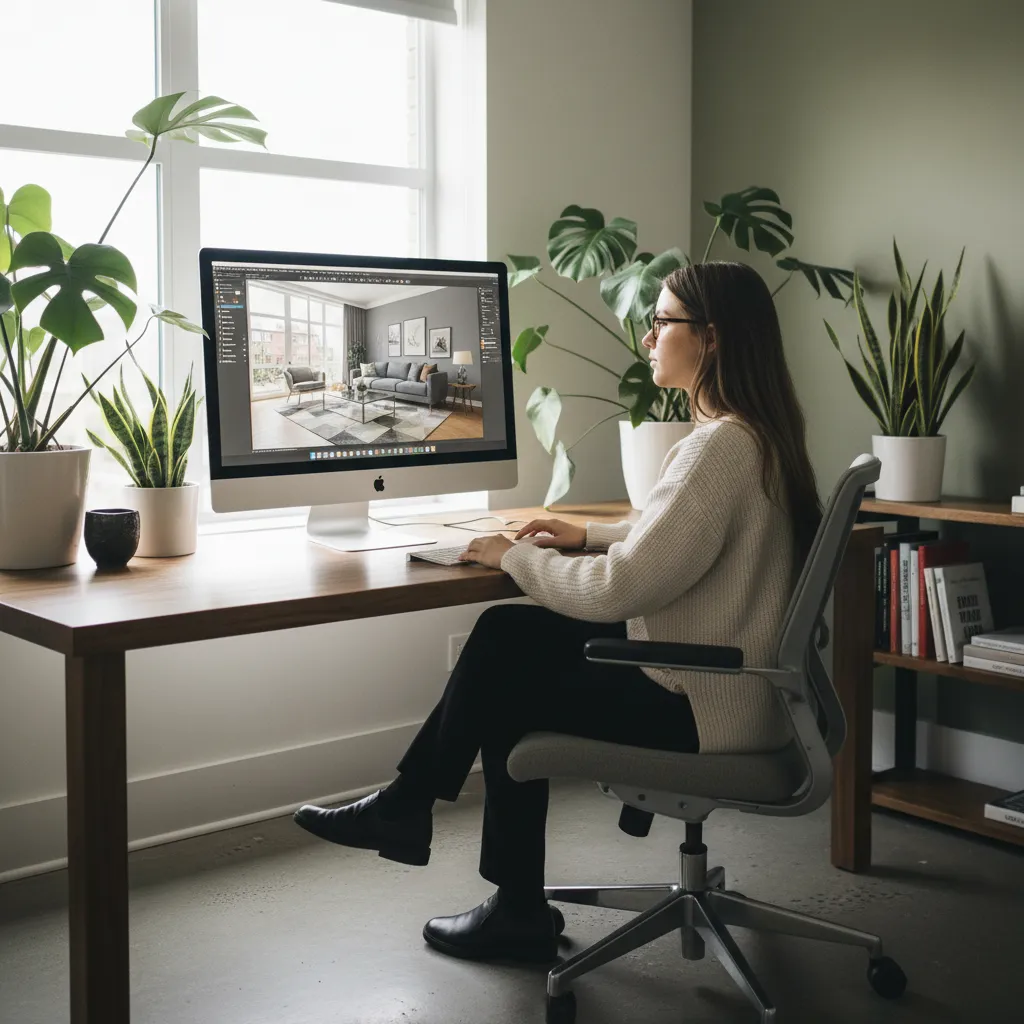 Woman sitting at wooden desk using computer to create an interior design drawing with plants