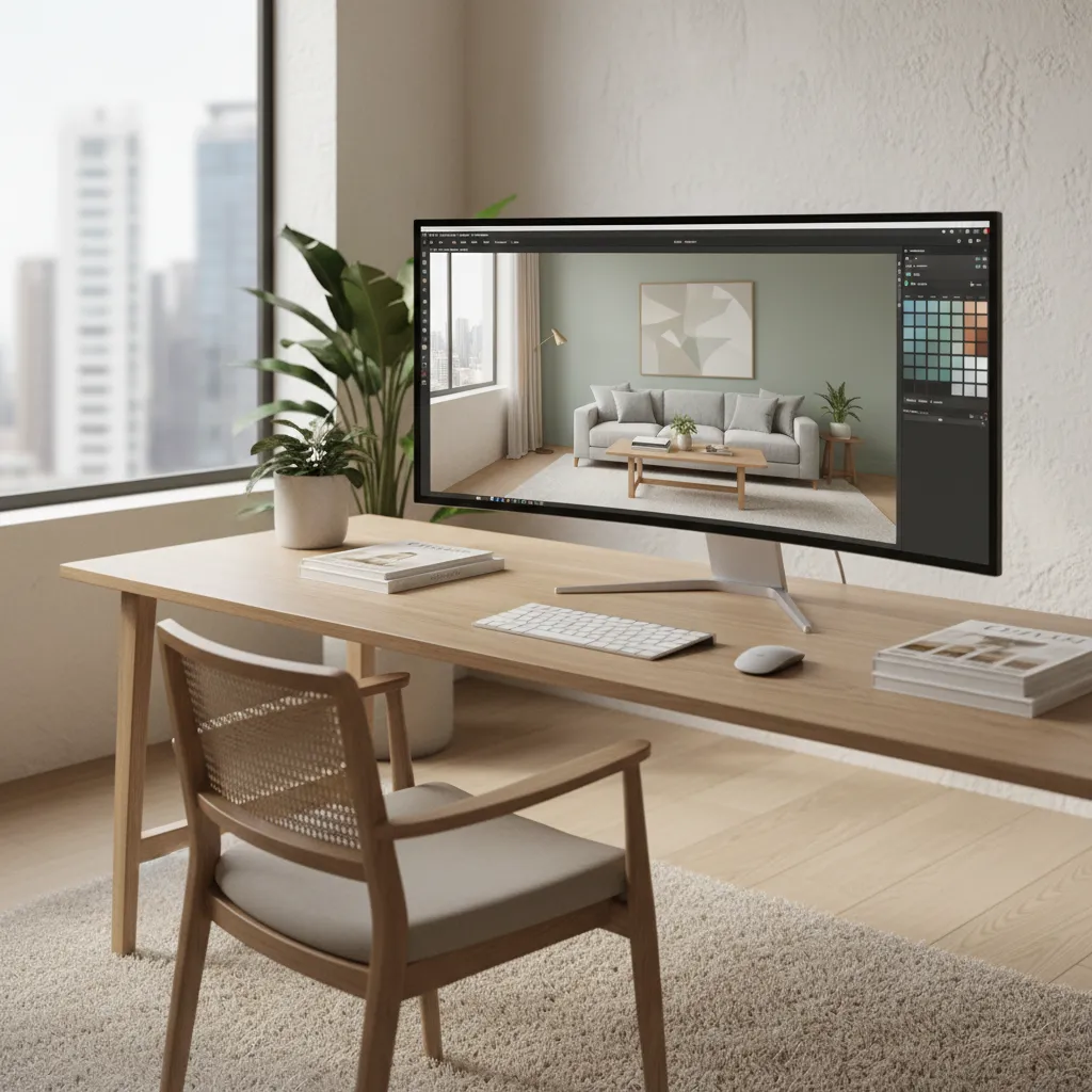 Computer monitor on wooden desk showing an interior design drawing of a modern living room