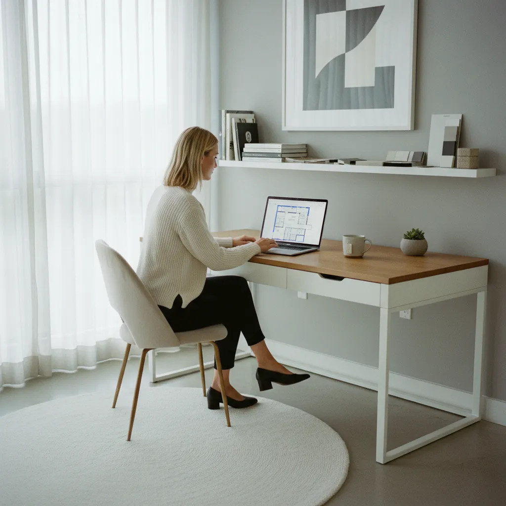 Woman using laptop to design house floor plan at white desk in minimalist home office