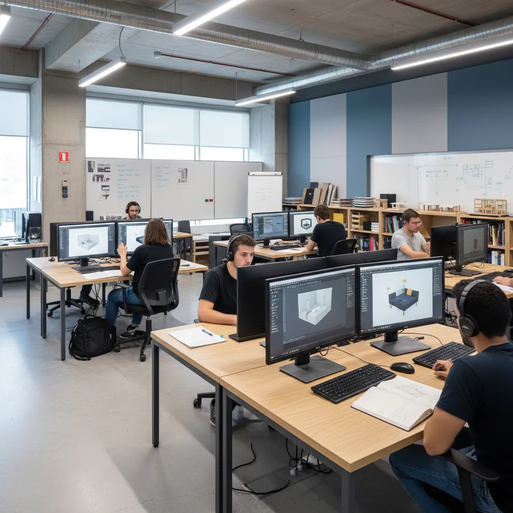 Estudiantes trabajando en software de diseño interior en un aula tecnológica