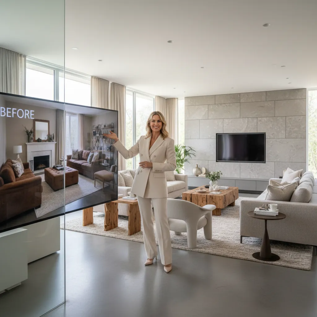 Female host presenting interior design transformation project by pointing at before image on large television