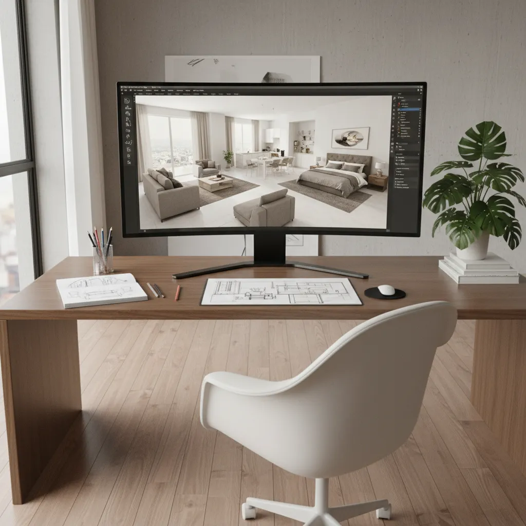 Computer monitor on wooden desk showing interior design drawing of modern room layout with chair