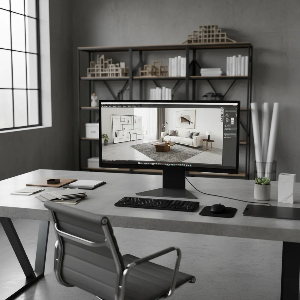 Coohom interior design drawing software on a computer monitor placed on a grey concrete office desk
