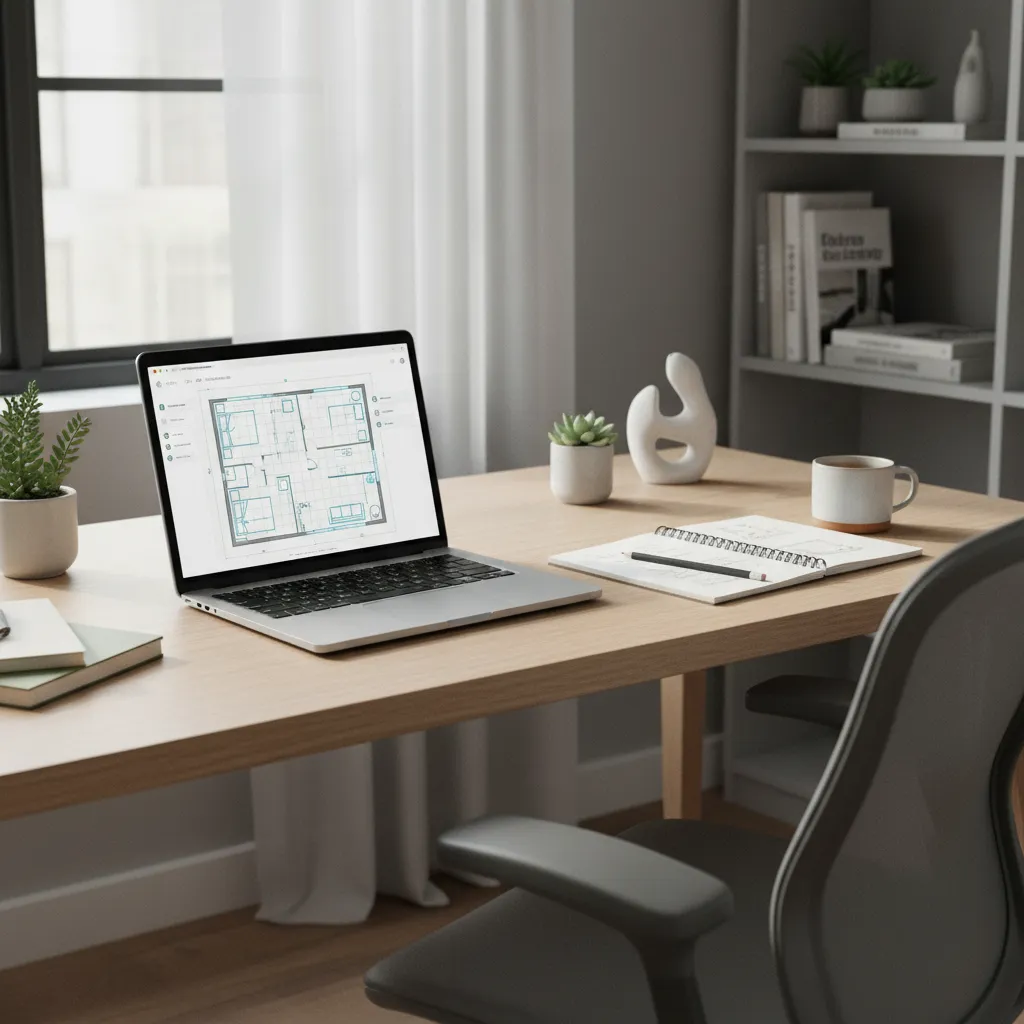 Laptop on wooden desk showing house floor plan editor with labeled rooms and furniture layout