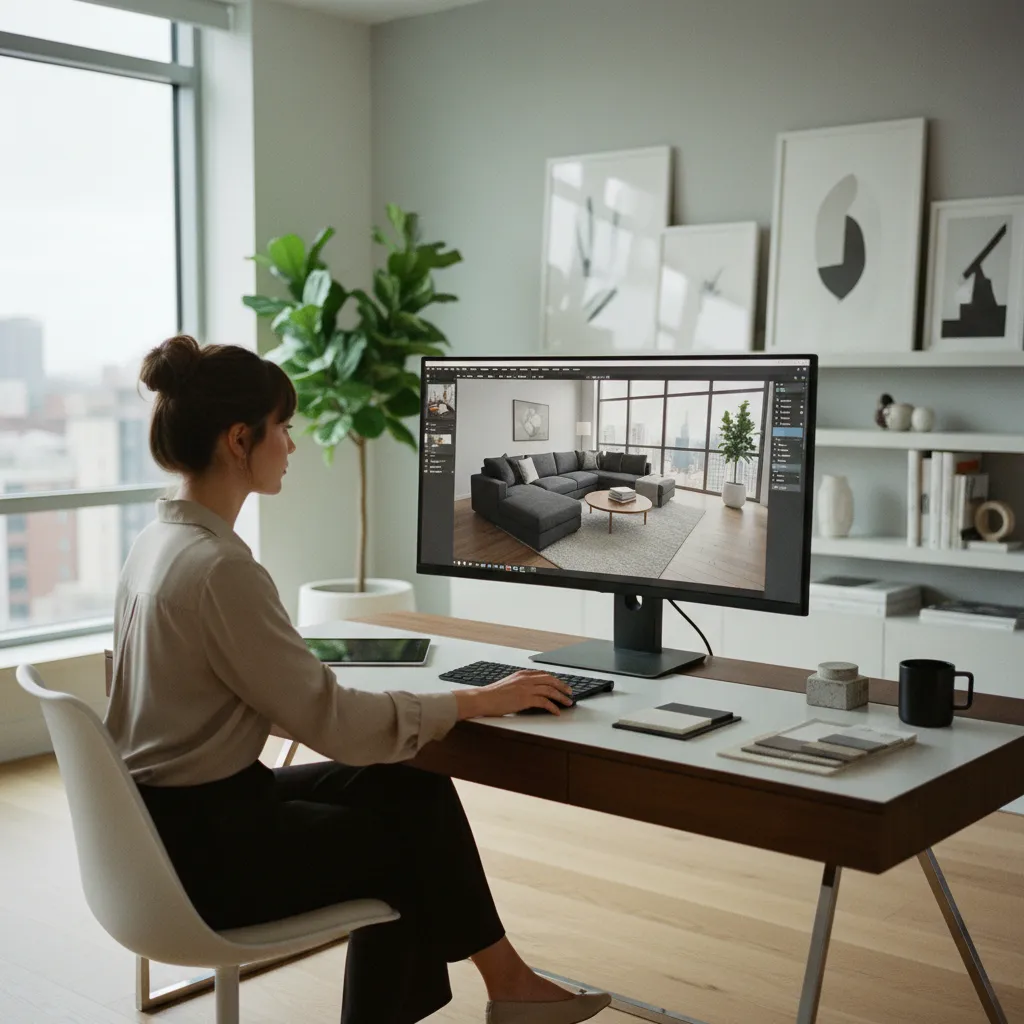 Woman sitting at desk using interior design software showing a modern living room on screen