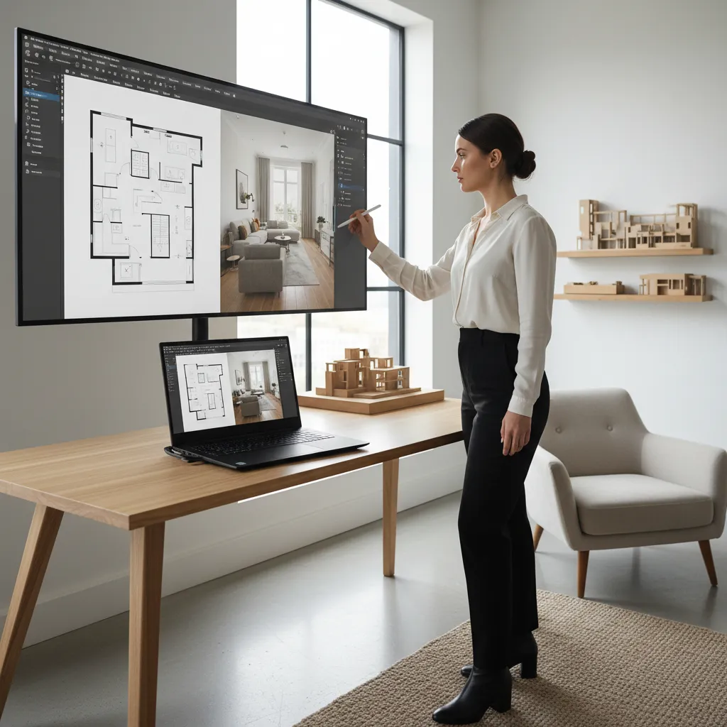 Designer using a pen on monitor showing Coohom floor plan and interior design drawing layout