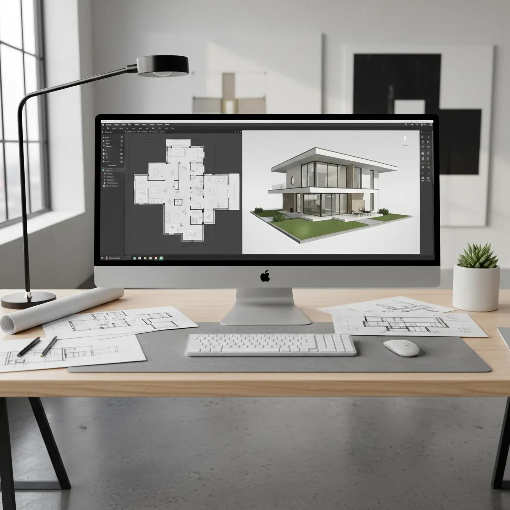 Desktop computer screen displaying floor plan and 3D interior design drawing on a wooden desk