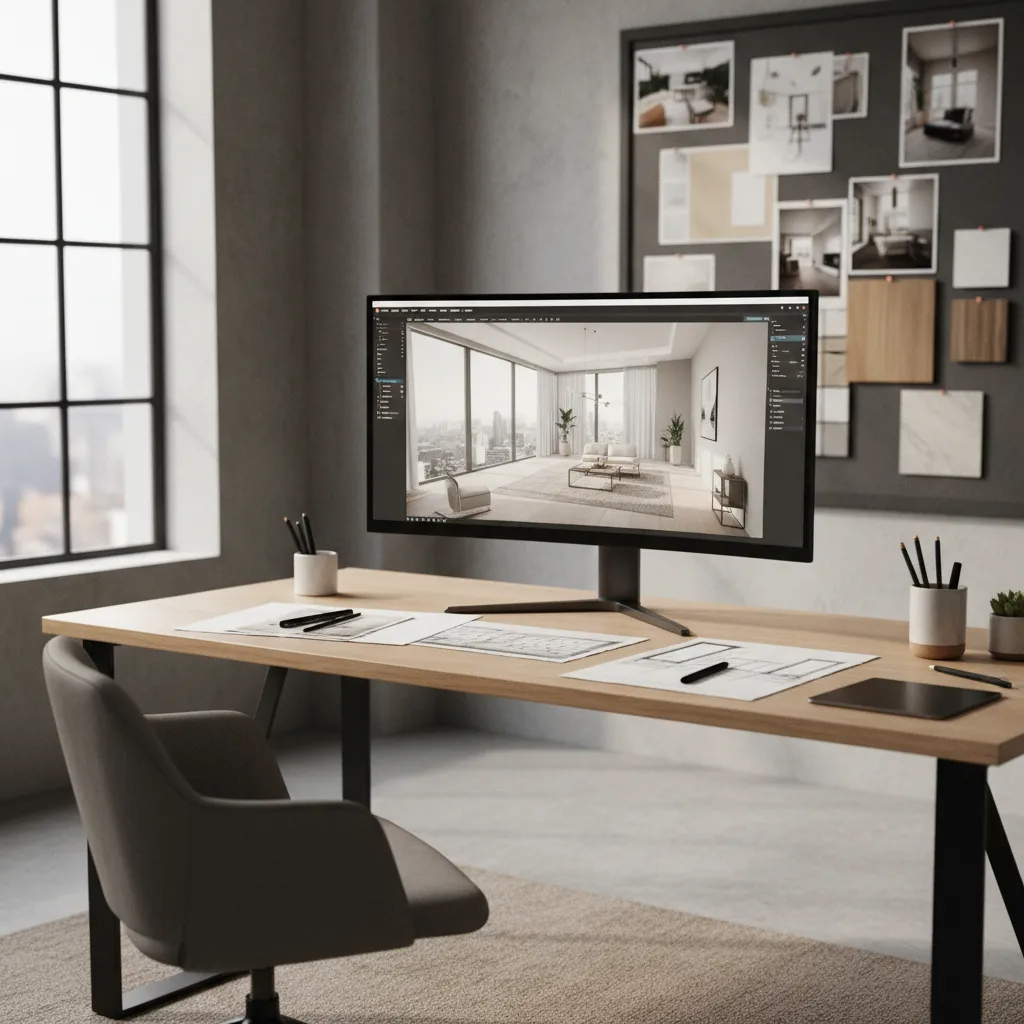 Computer monitor showing interior design drawing on wooden desk with chair and printed room layouts