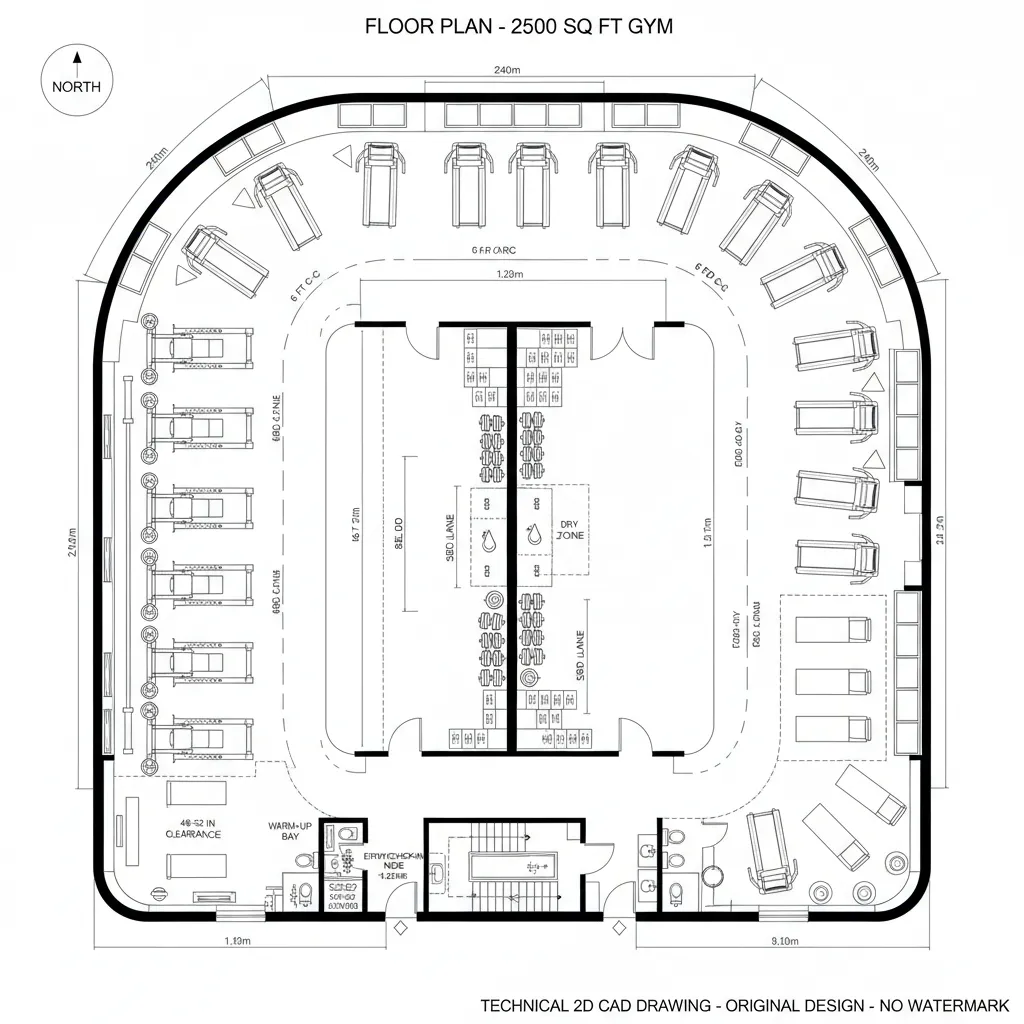Technical 2D gym floor plan drawing showing workout machines, weight area, entrance, and room layout