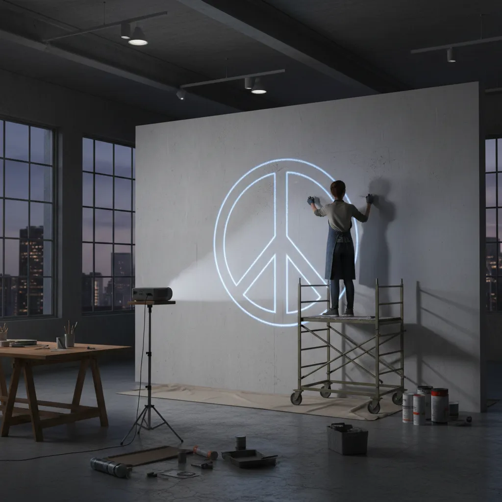 projector displaying peace mural outline on wall for tracing