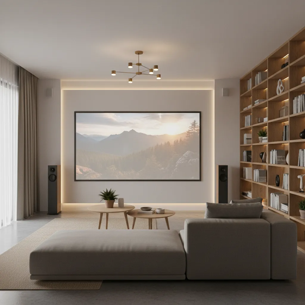 Diseño interior de sala con proyector y pantalla grande