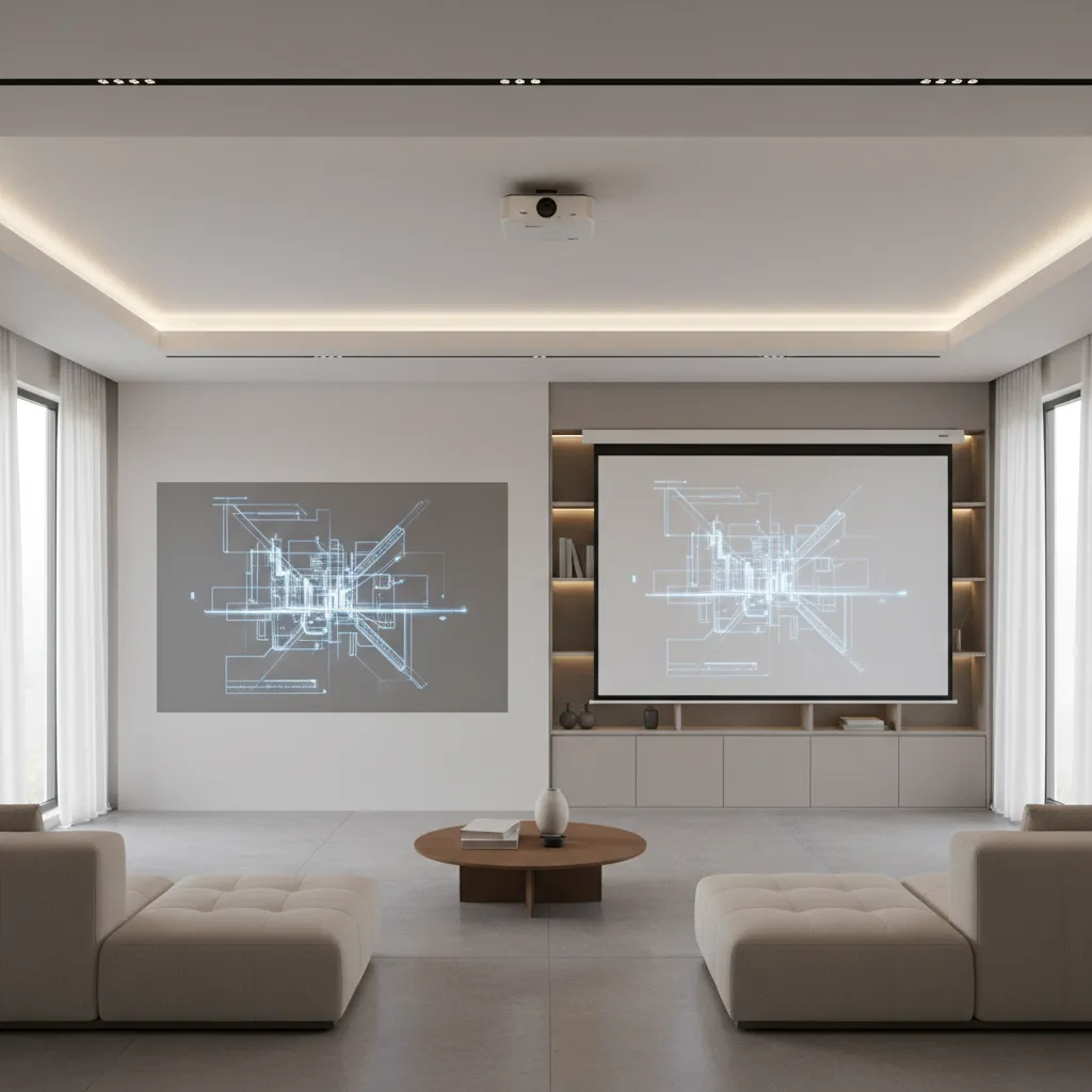comparison of projection wall and retractable projector screen in living room