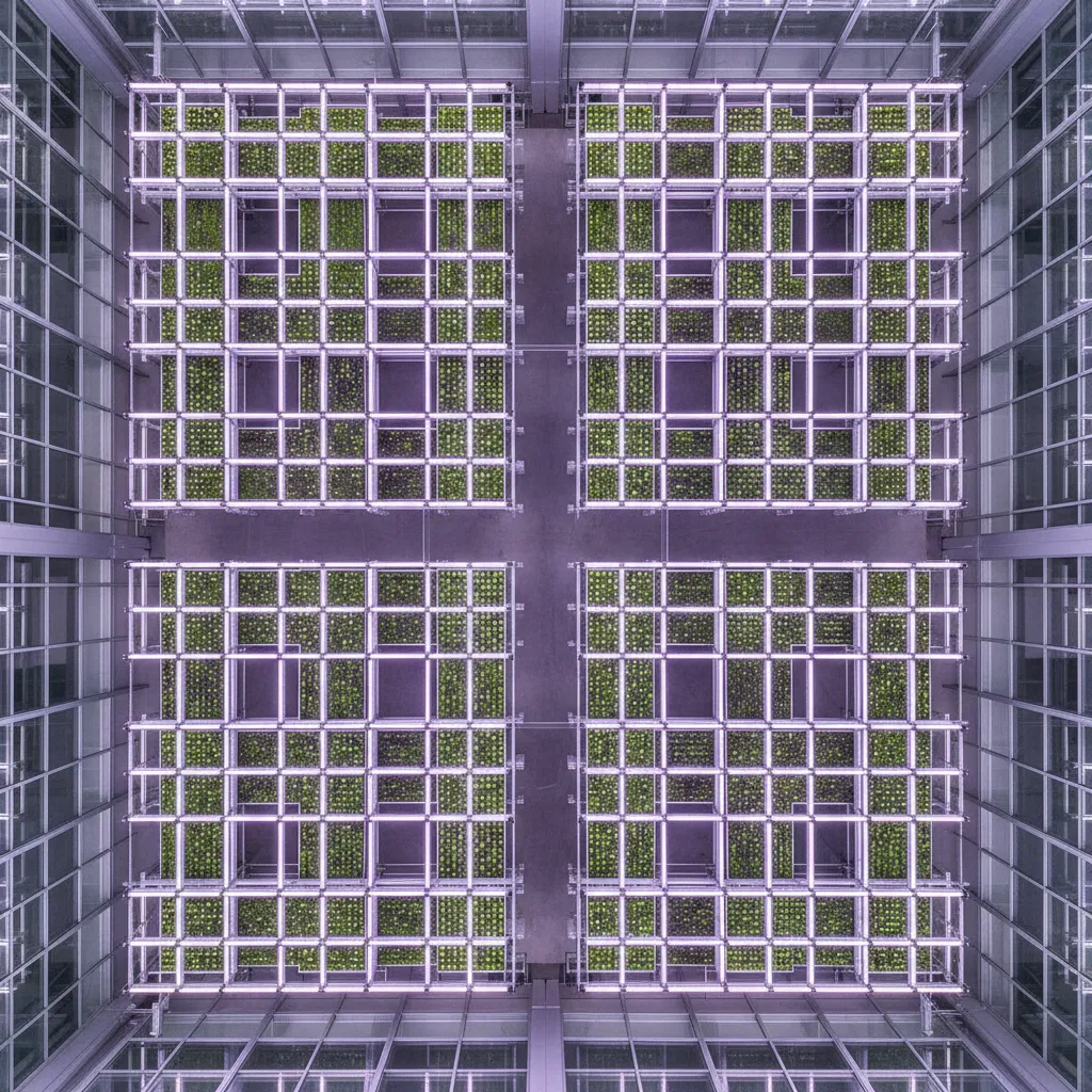 Overhead layout of propagation lighting across greenhouse benches