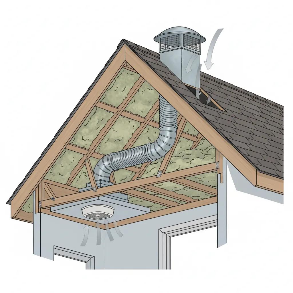 Proper insulated bathroom exhaust duct venting through roof cap
