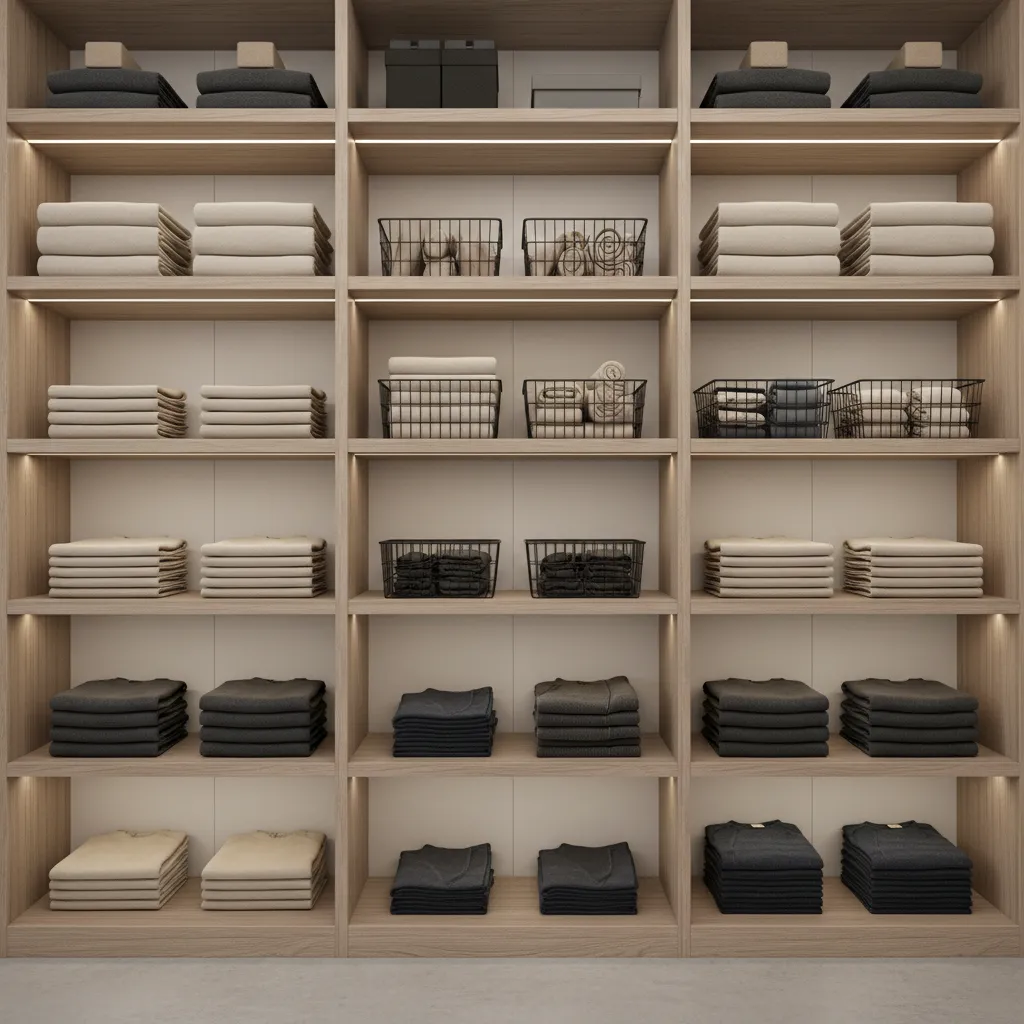 Closet shelving with proper depth and spacing for folded clothes