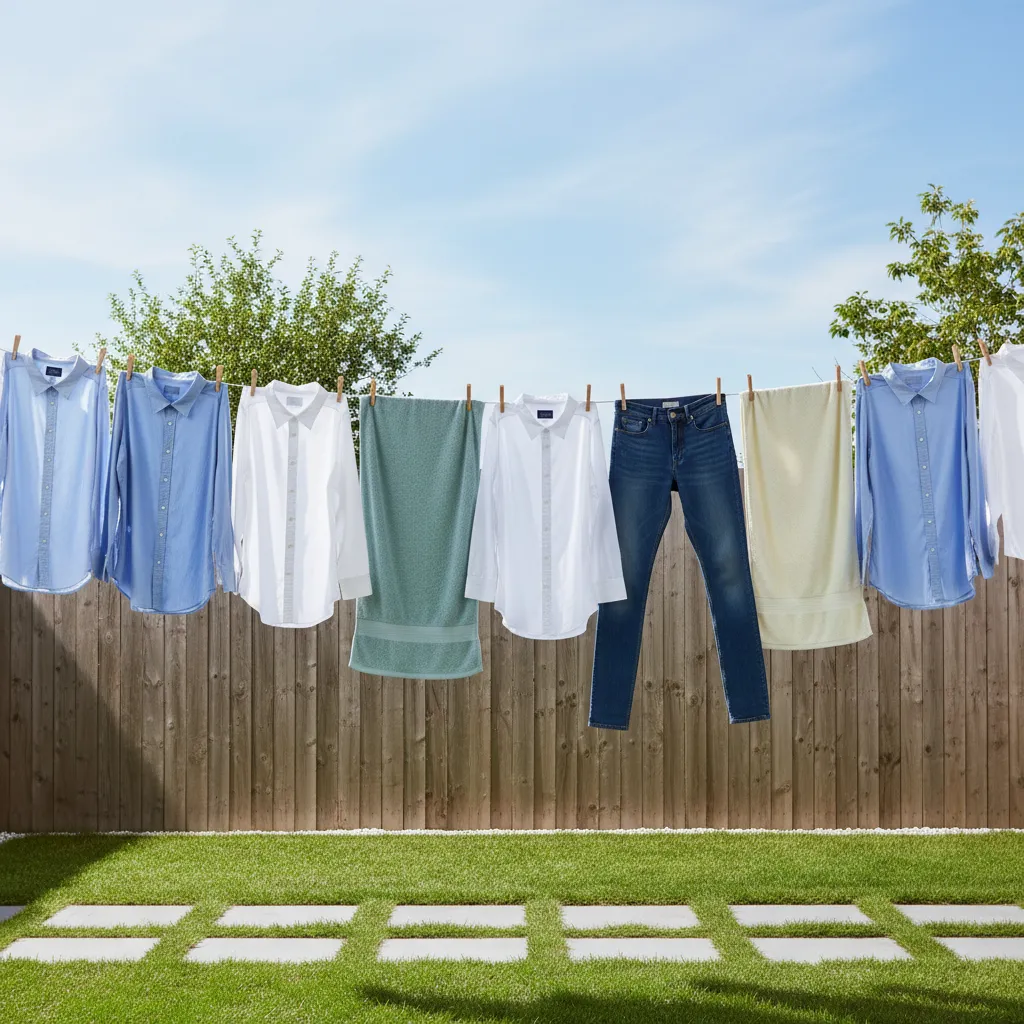 Clothes spaced evenly on clothesline for airflow