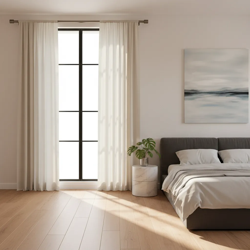 Bedroom window showing properly mounted floor length cream curtains