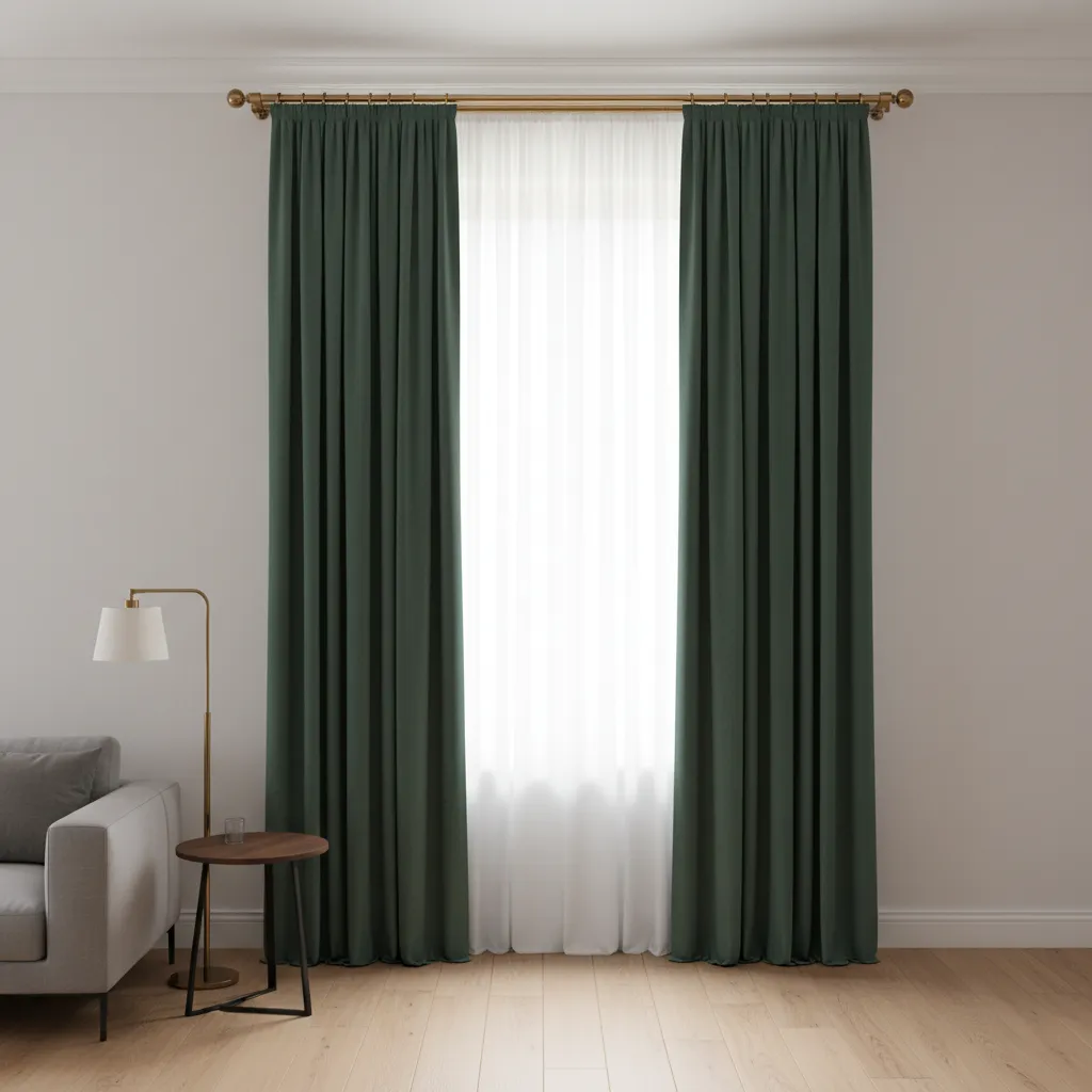 dark green floor length curtains mounted high above window to increase room height
