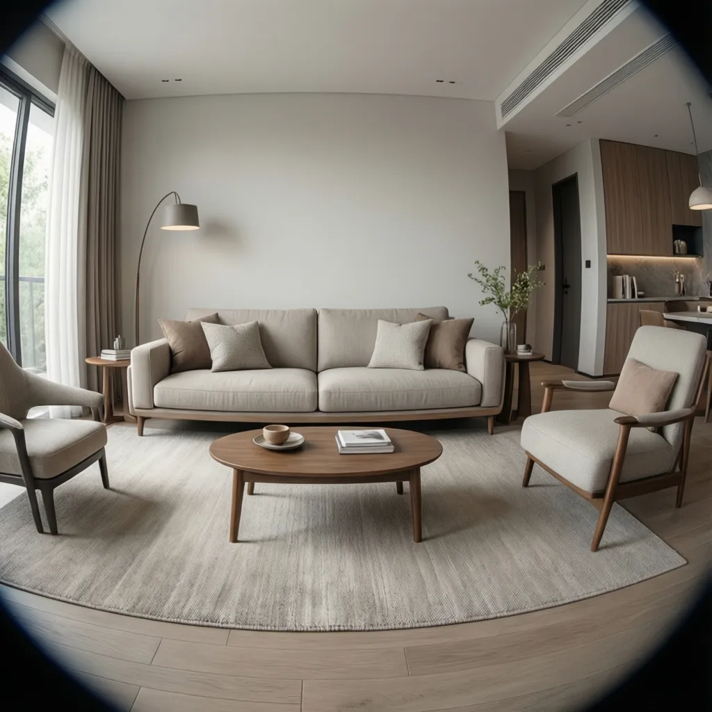 Living room showing properly scaled sofa coffee table and rug proportions