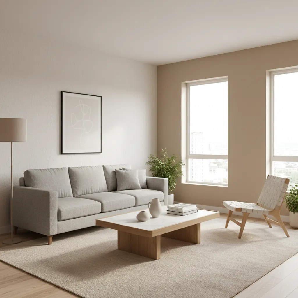 Living room with properly scaled sofa chair and coffee table arrangement