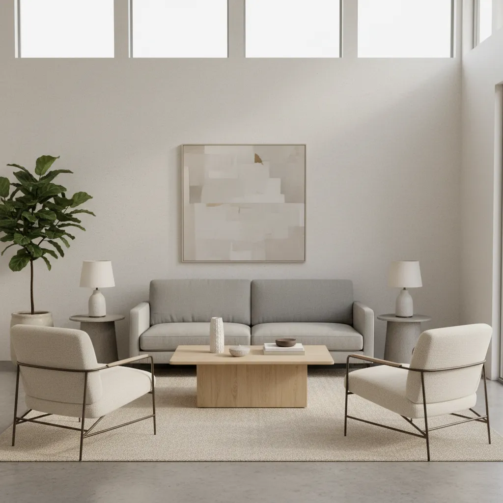 living room with properly scaled sofa and chairs