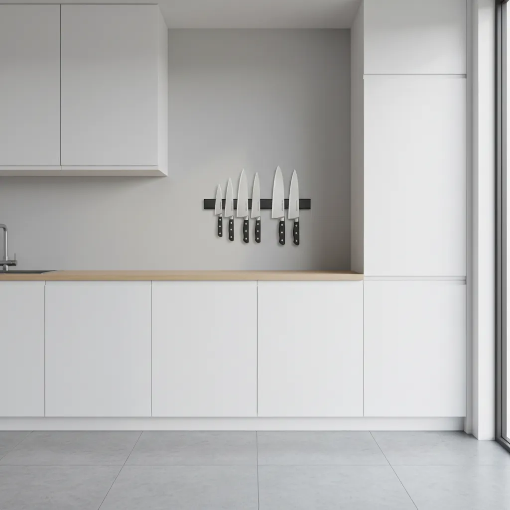 kitchen knives stored on magnetic strip away from sink area