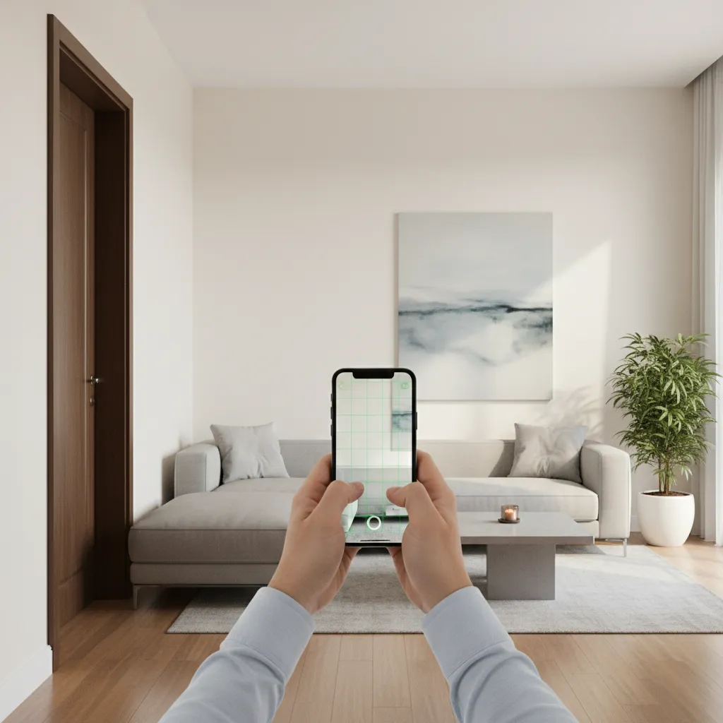 Person slowly scanning a wall with smartphone held level for AR measurement